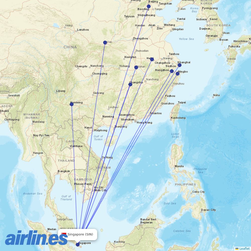 China Eastern Airlines from Singapore Changi Airport destination map