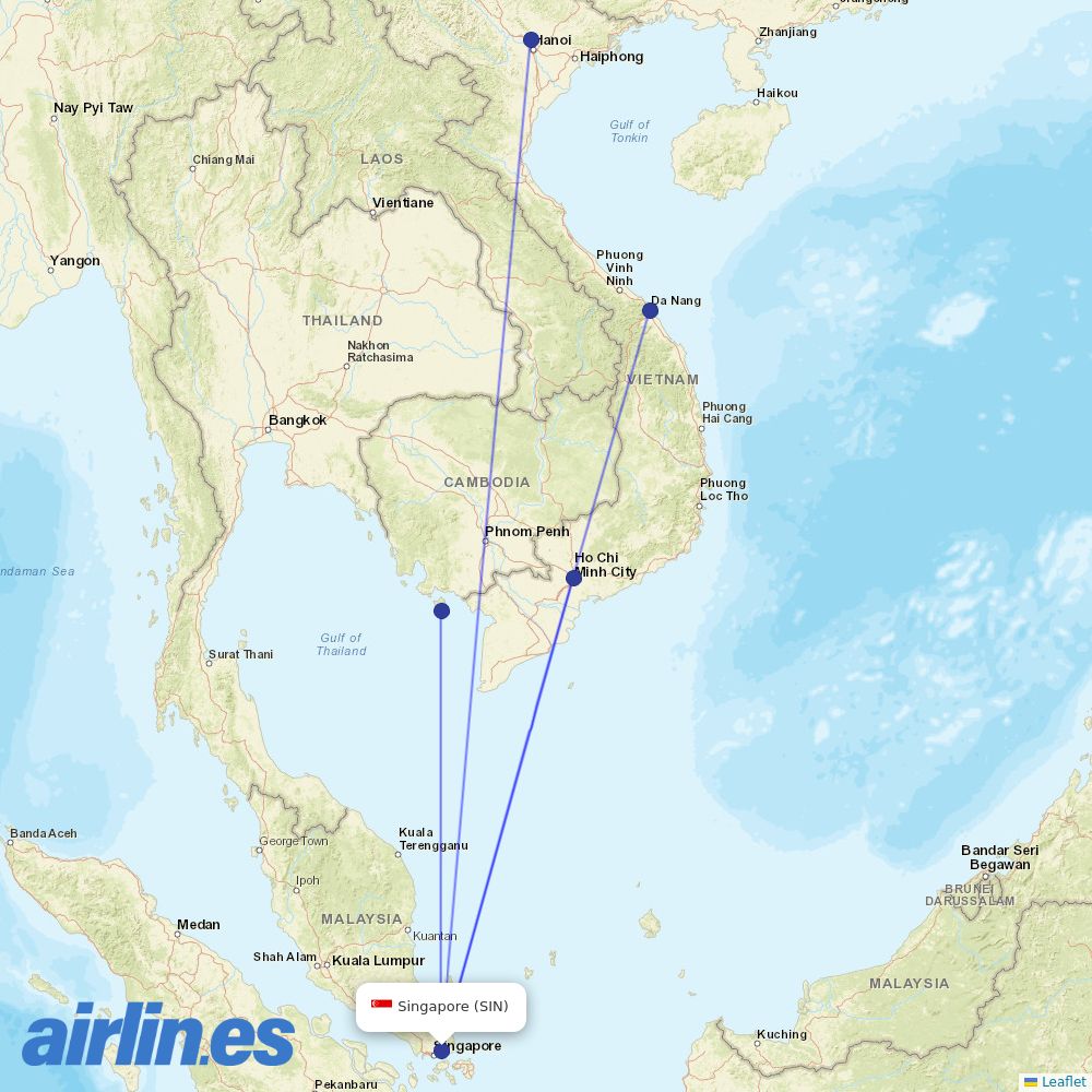 VietJet Air from Singapore Changi Airport destination map