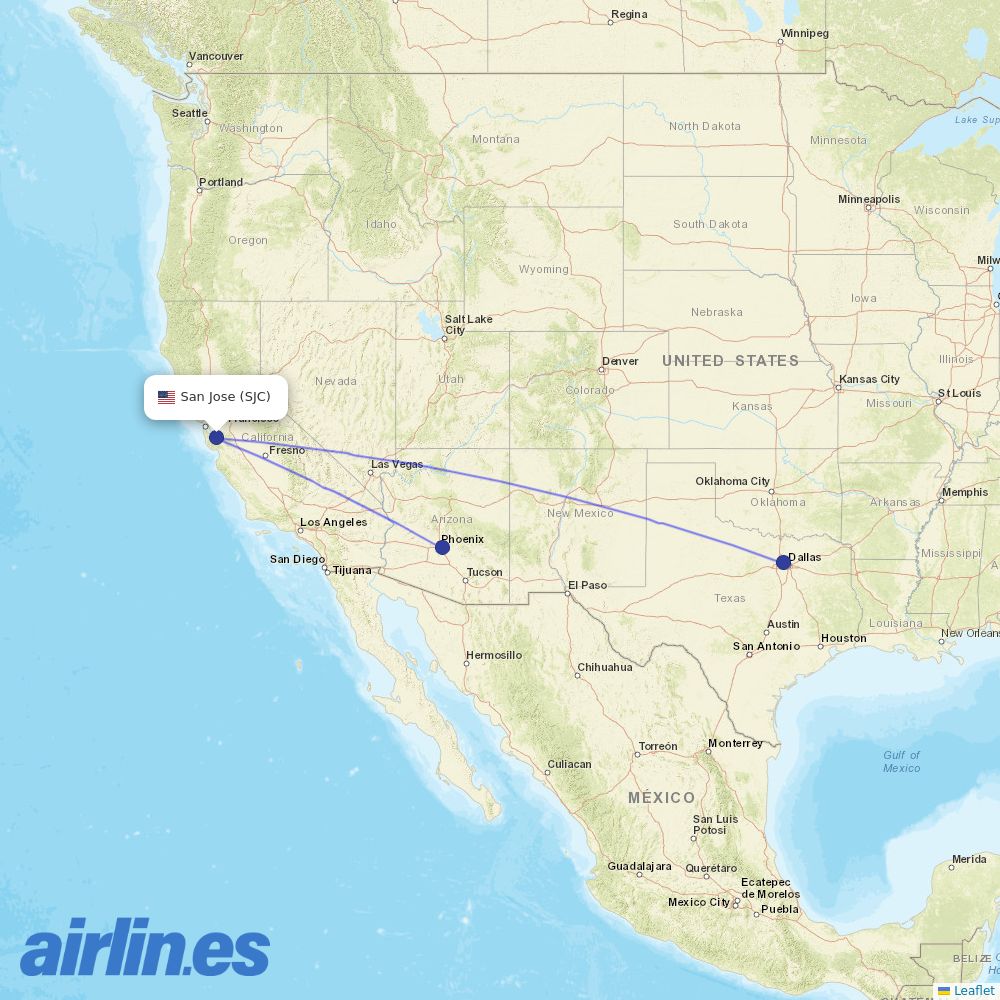 American Airlines from Norman Y Mineta San Jose International destination map