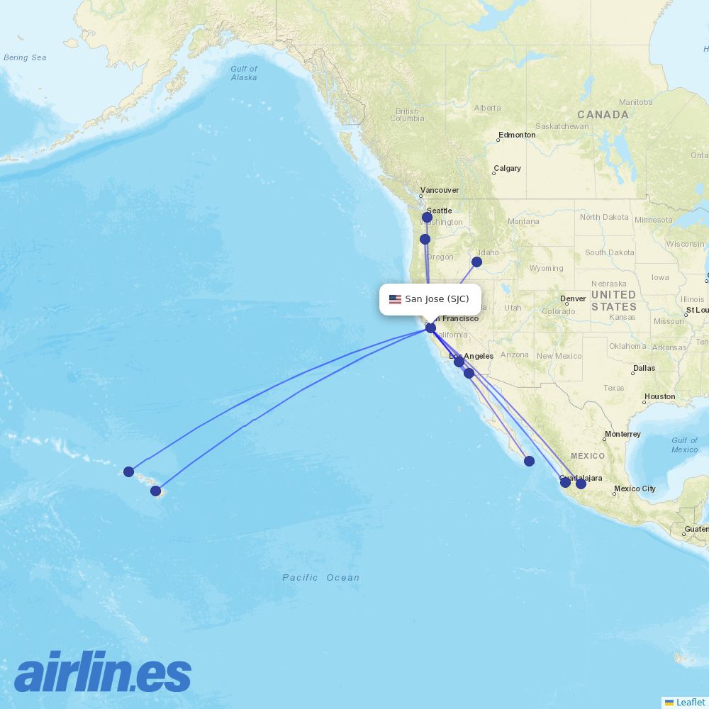 Alaska Airlines from Norman Y Mineta San Jose International destination map