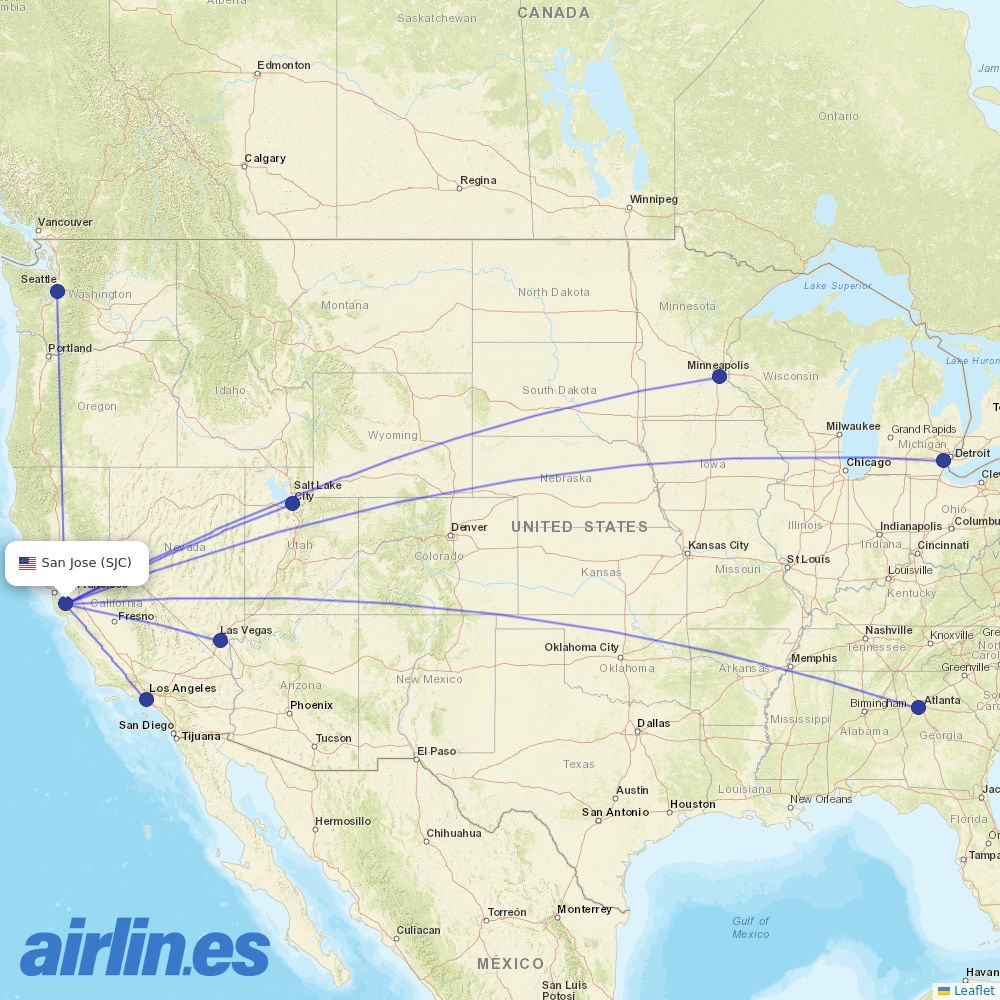 Delta Air Lines from Norman Y Mineta San Jose International destination map
