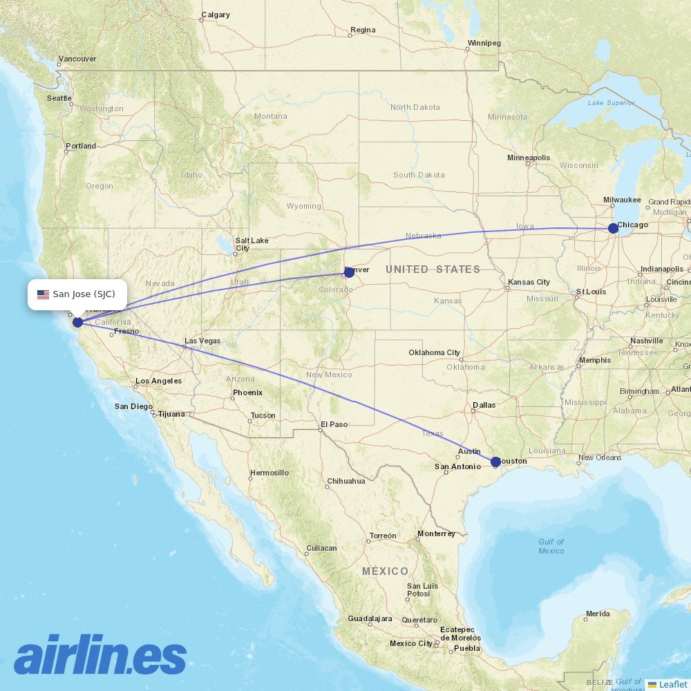 United Airlines from Norman Y Mineta San Jose International destination map