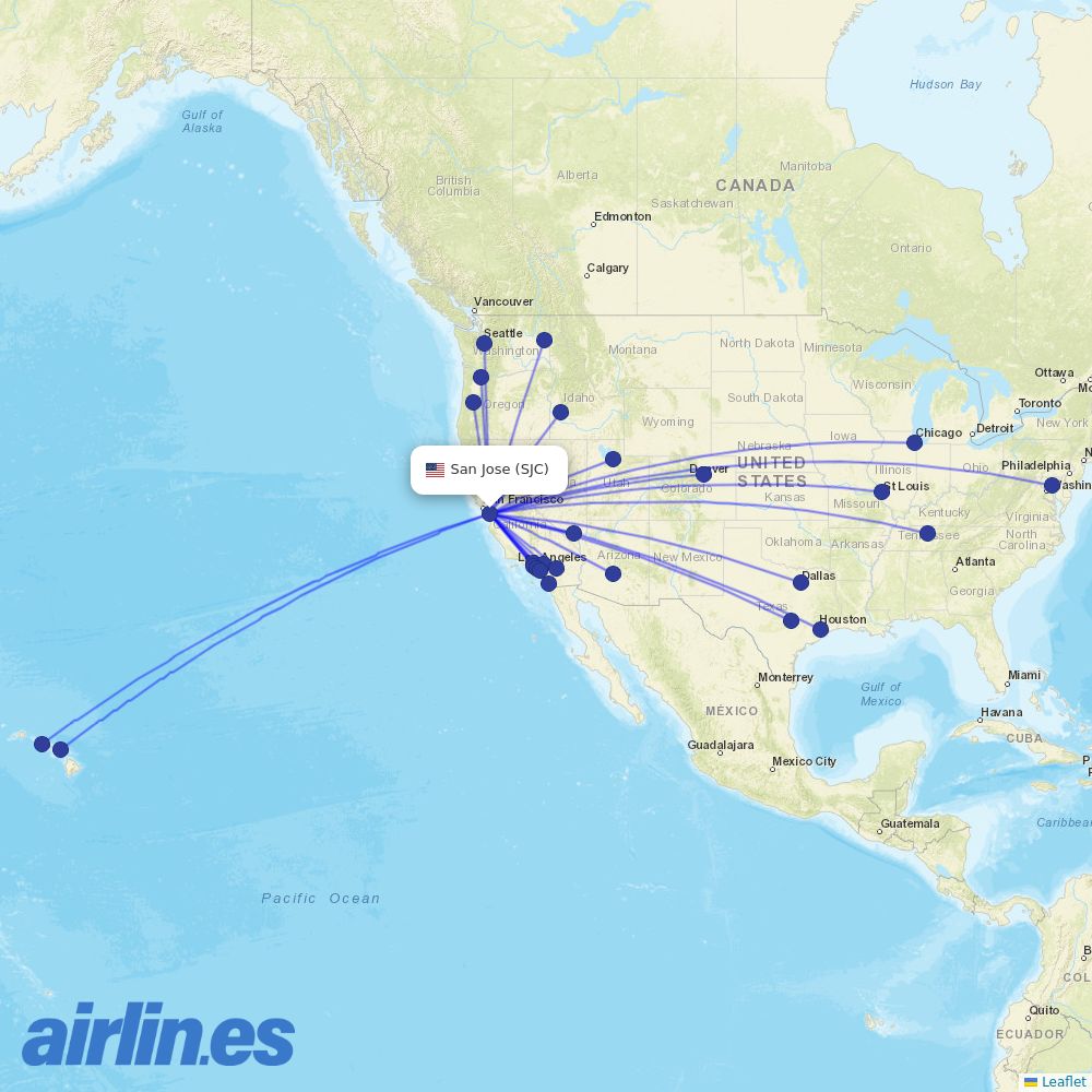 Southwest Airlines from Norman Y Mineta San Jose International destination map