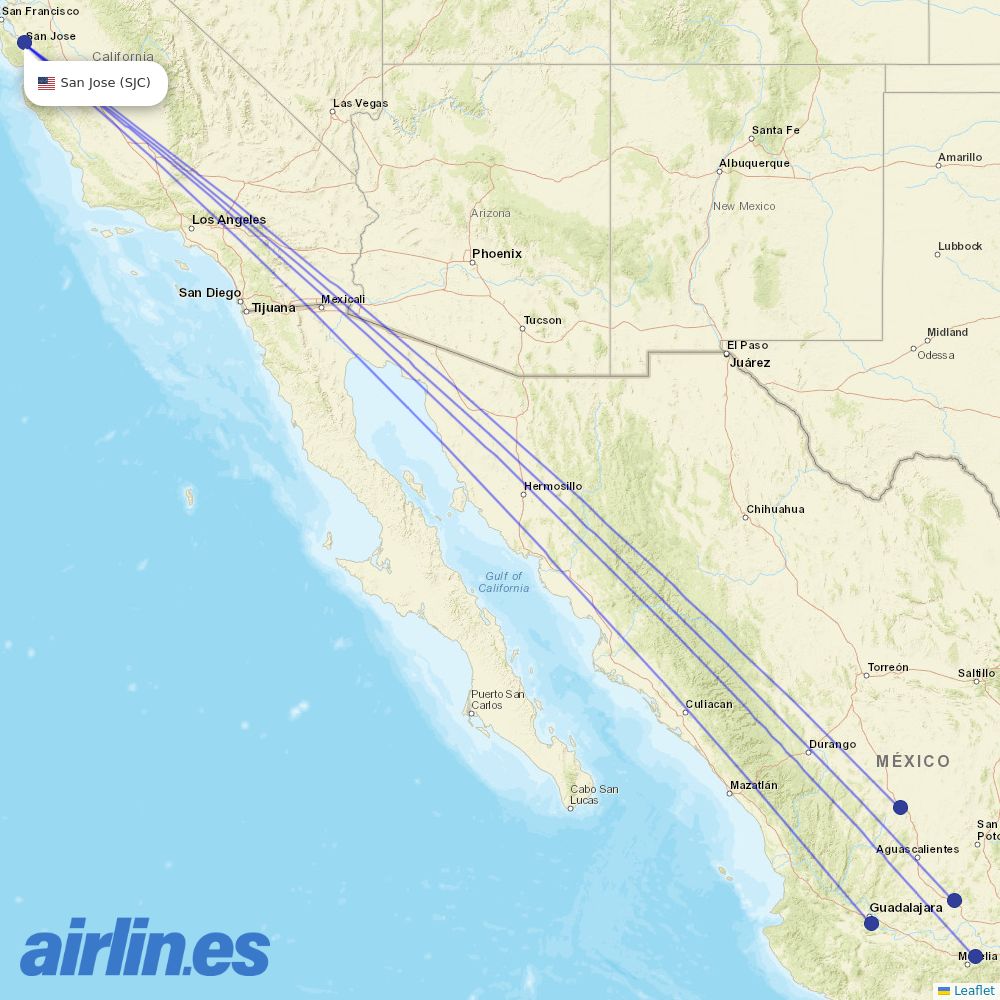 Volaris from Norman Y Mineta San Jose International destination map