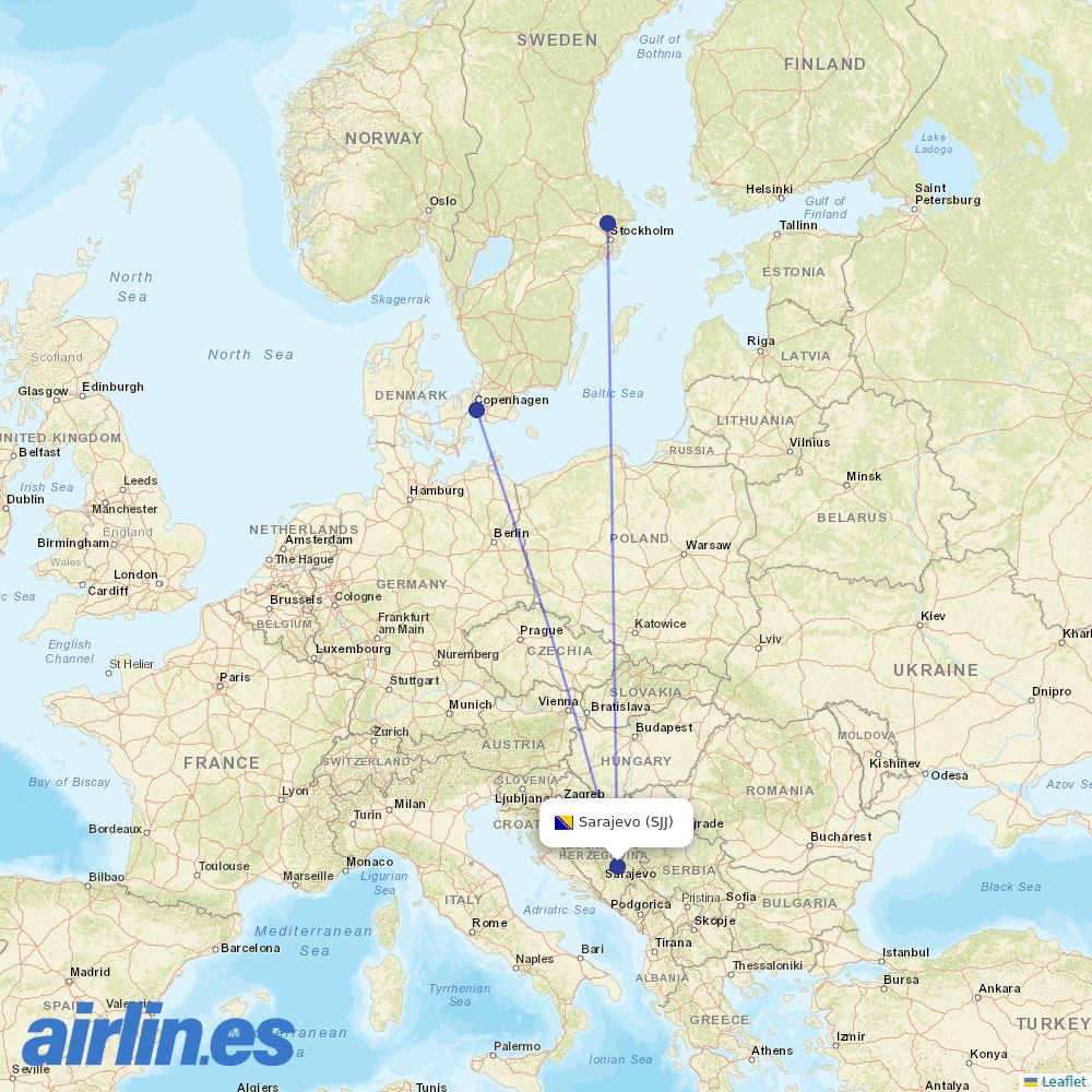 Norwegian Air Sweden from Sarajevo destination map