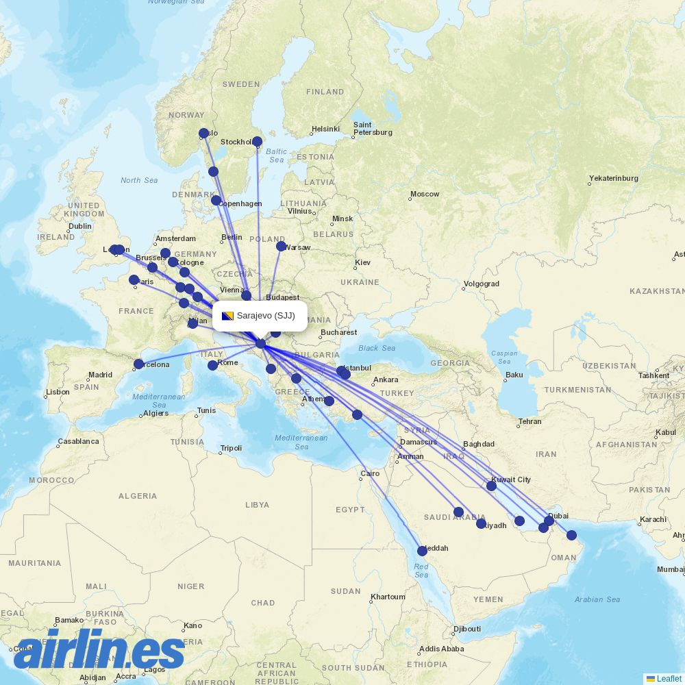 Ryanair from Sarajevo destination map