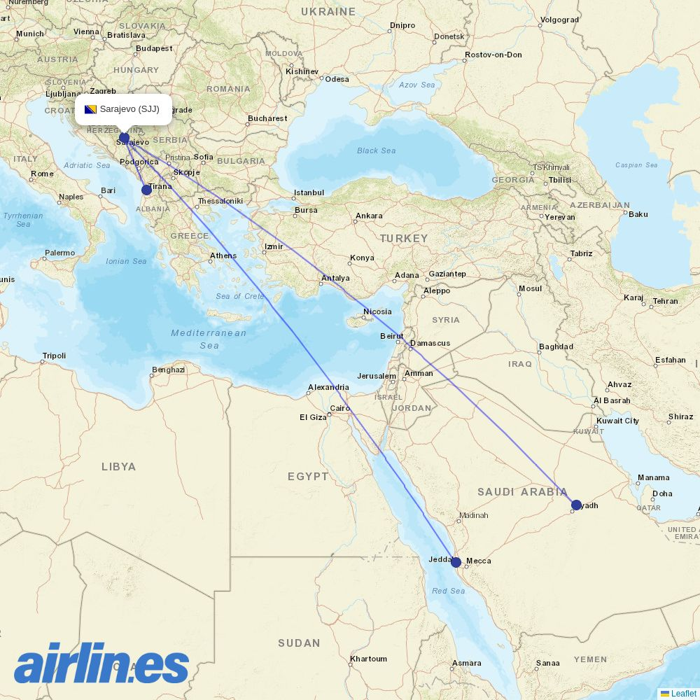 Flynas from Sarajevo destination map