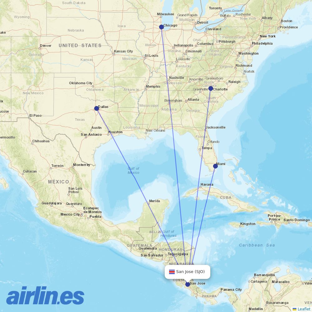 American Airlines from Juan Santamaria International destination map