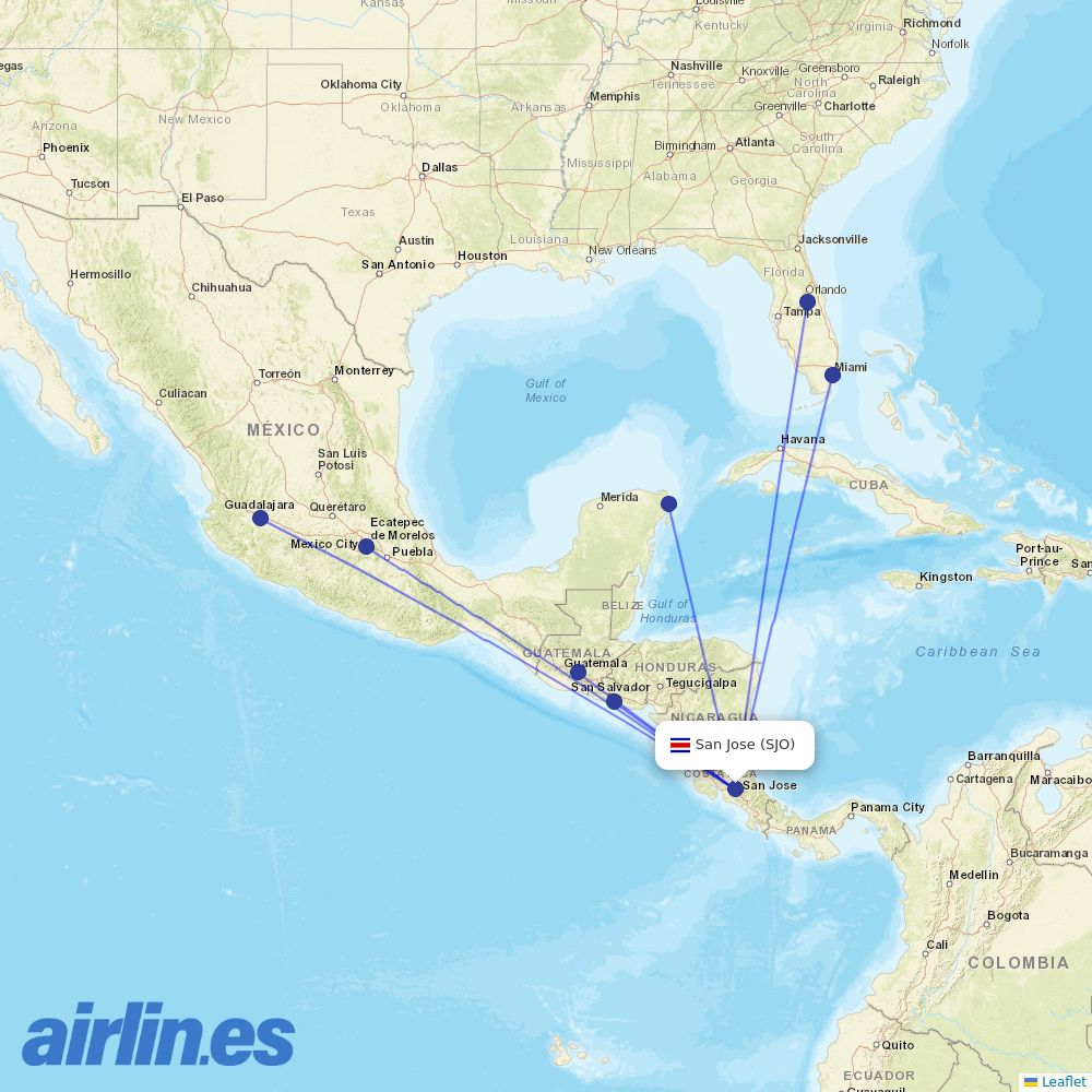 Volaris Costa Rica from Juan Santamaria International destination map