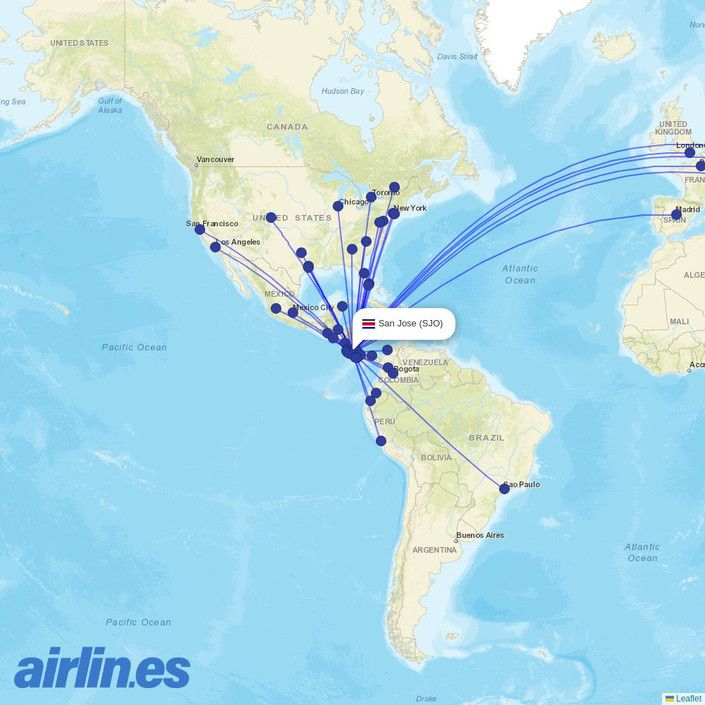 SANSA from Juan Santamaria International destination map