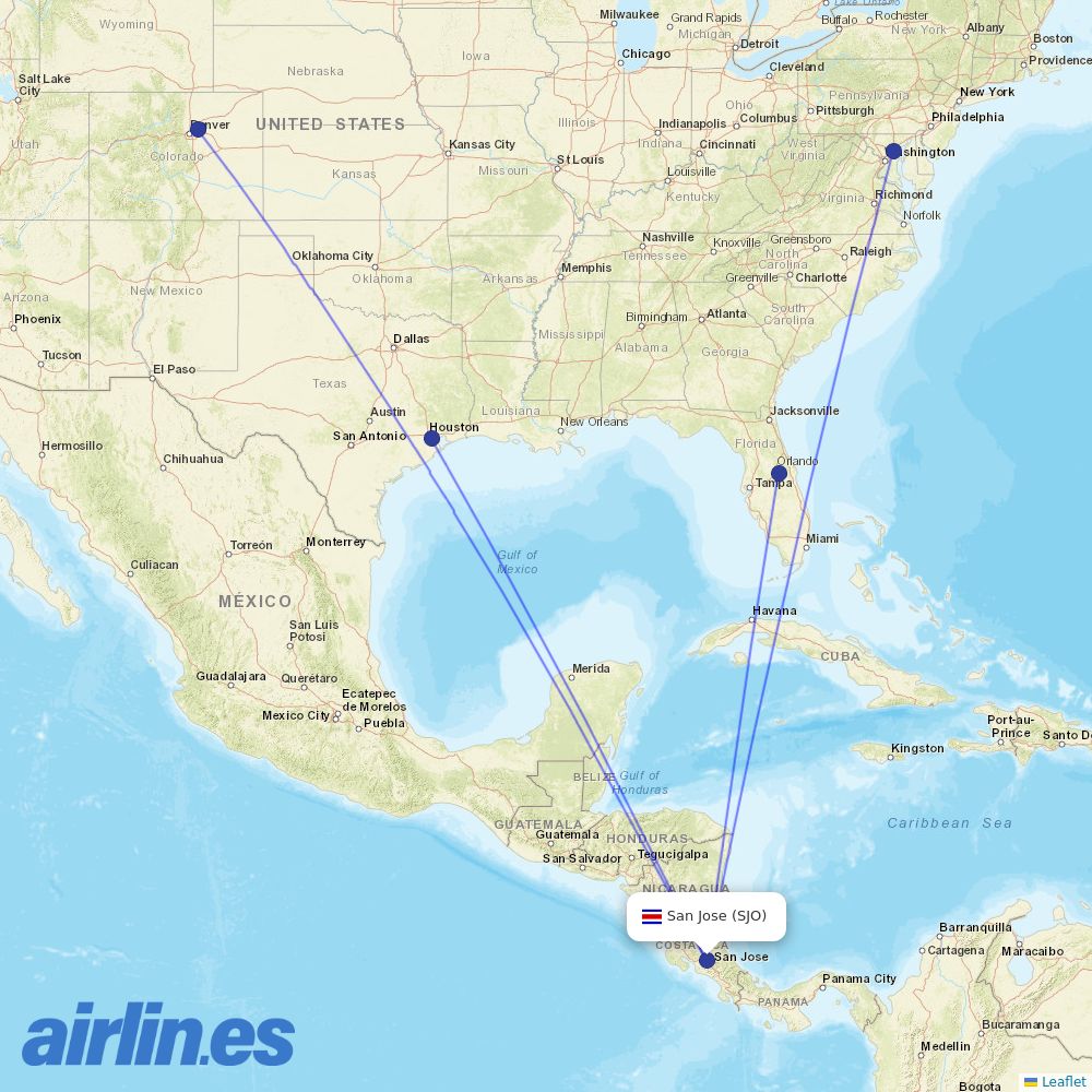 Southwest Airlines from Juan Santamaria International destination map