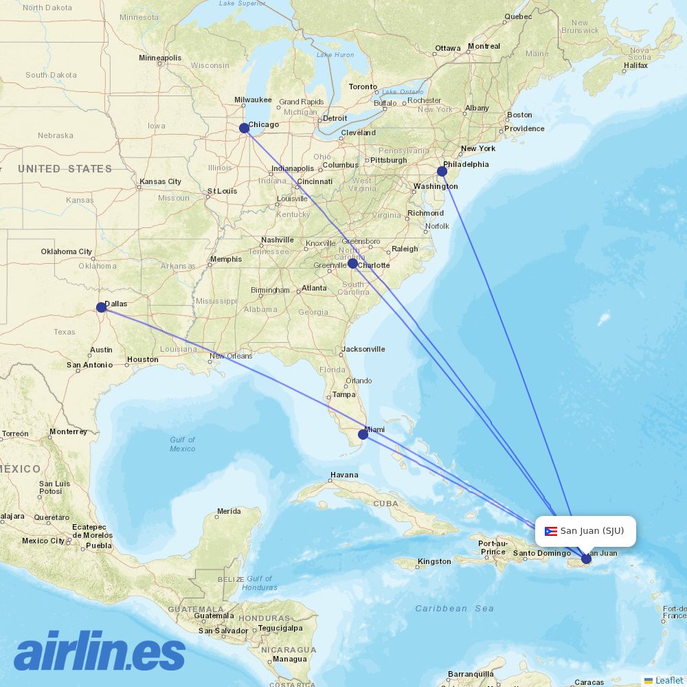 American Airlines from Luis Munoz Marin International destination map