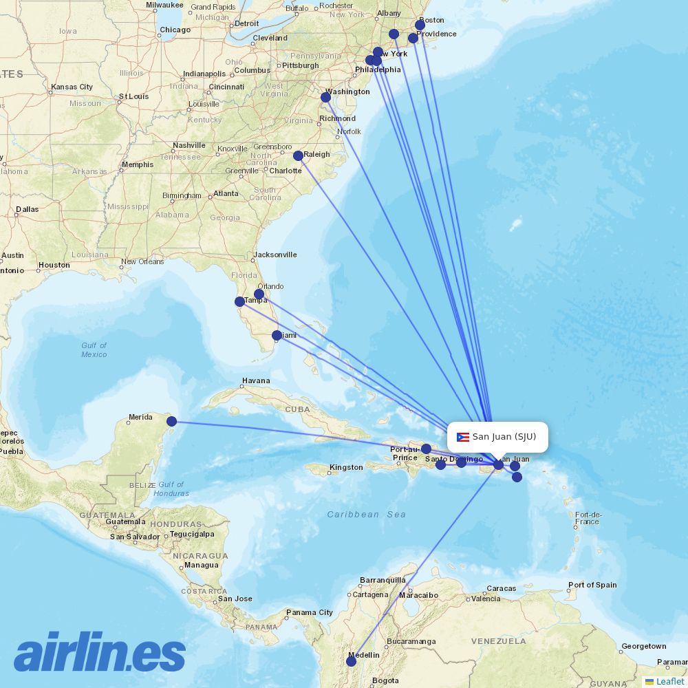 JetBlue Airways from Luis Munoz Marin International destination map