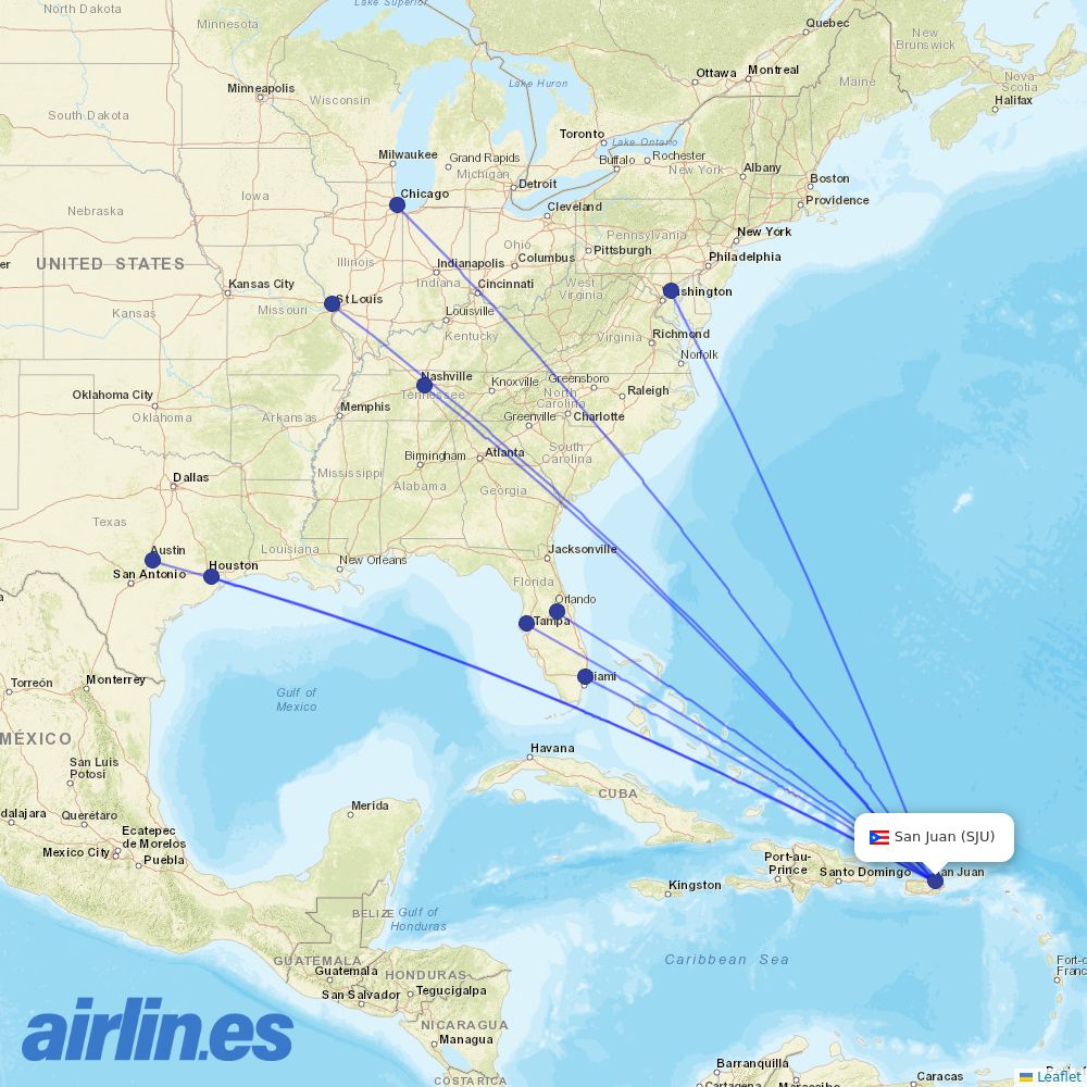 Southwest Airlines from Luis Munoz Marin International destination map