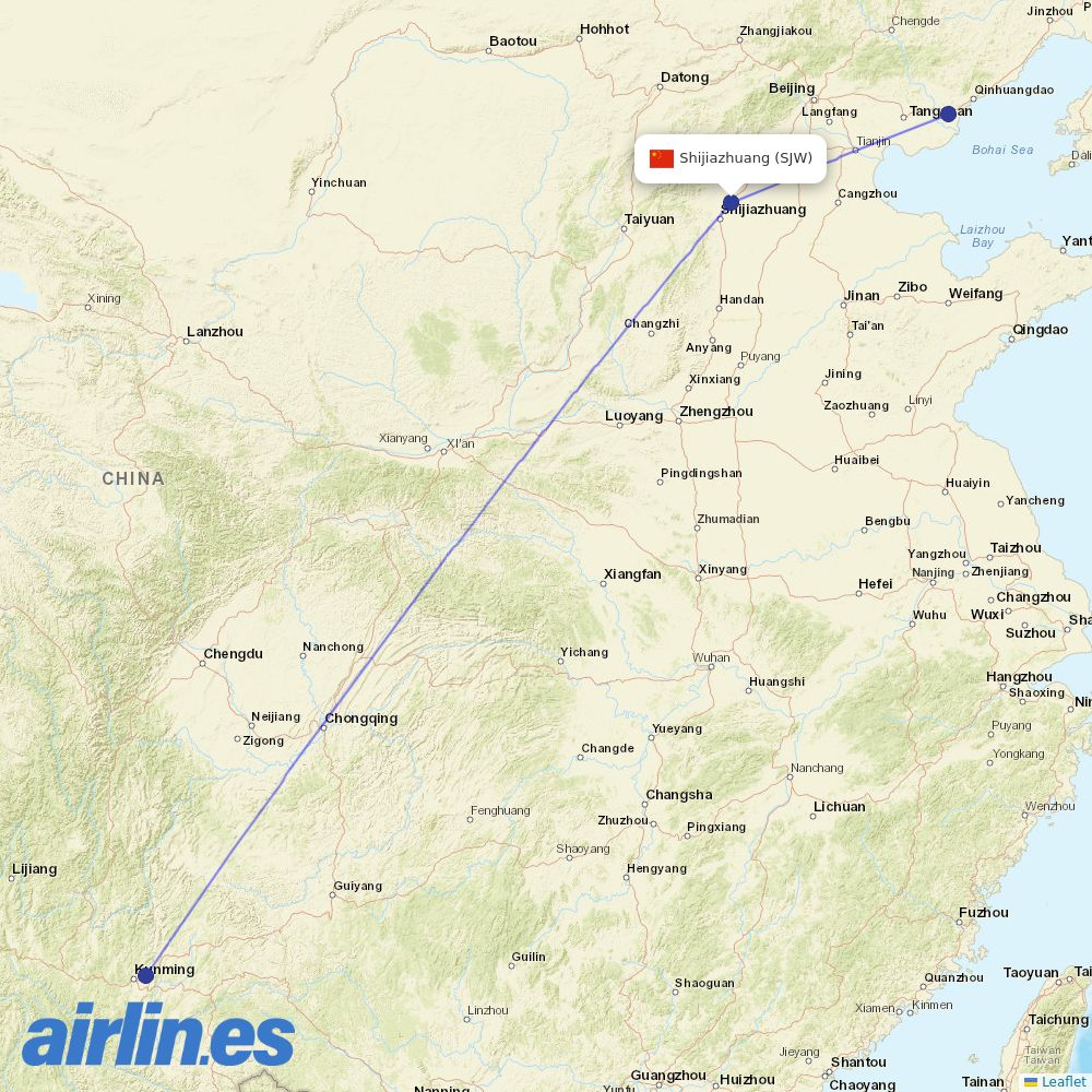 Kunming Airlines from Shijiazhuang Daguocun International Airport destination map