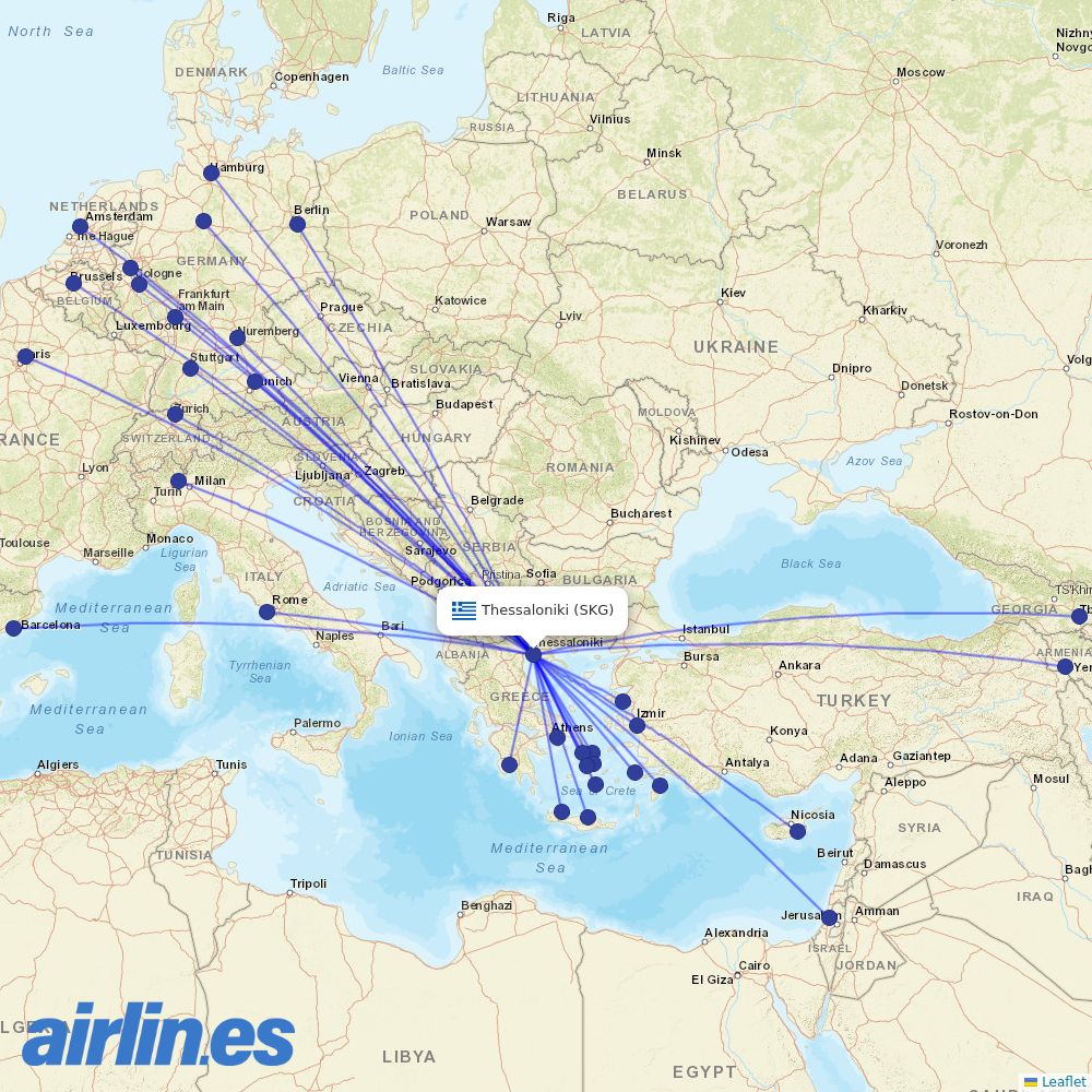 Aegean Airlines from Thessaloniki Airport destination map