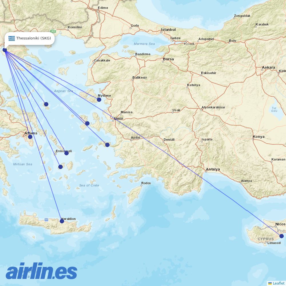 Sky Express from Thessaloniki Airport destination map