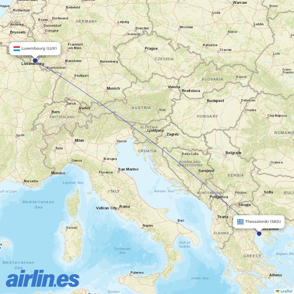 Luxair from Thessaloniki Airport destination map