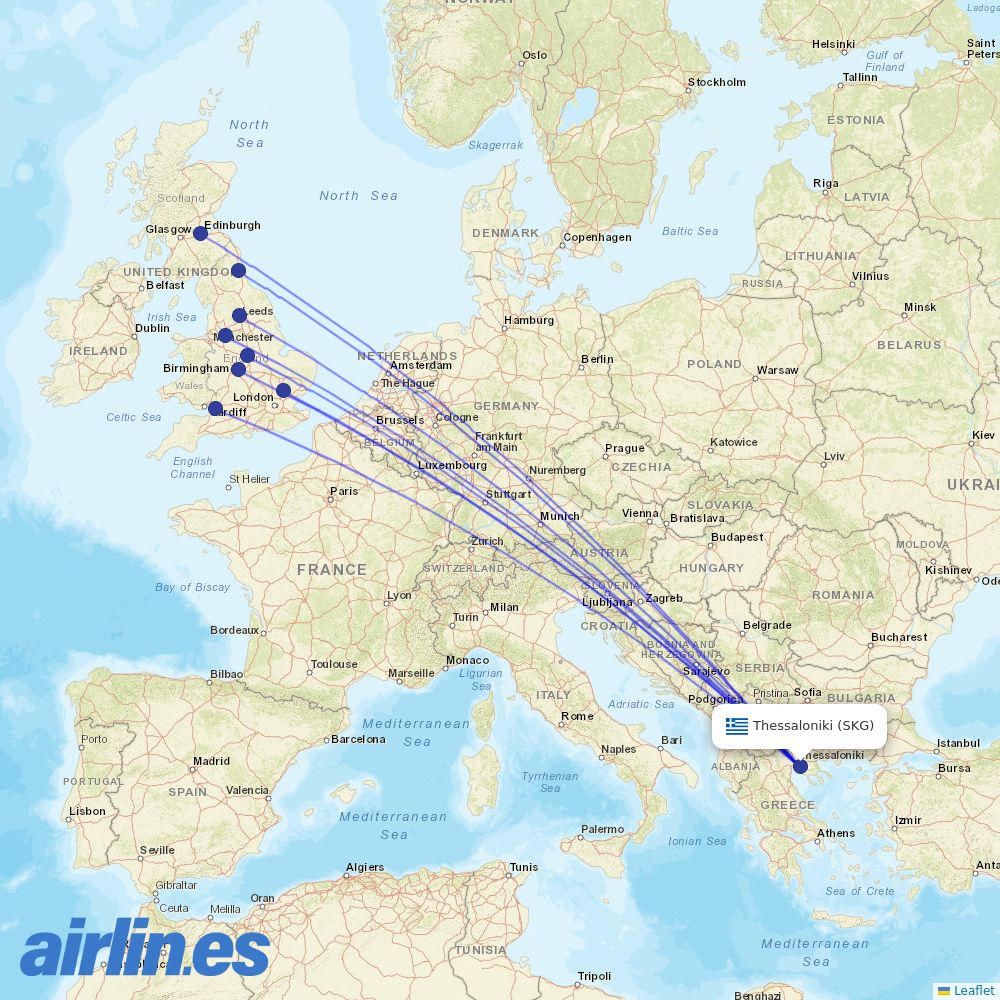 Jet2 from Thessaloniki Airport destination map