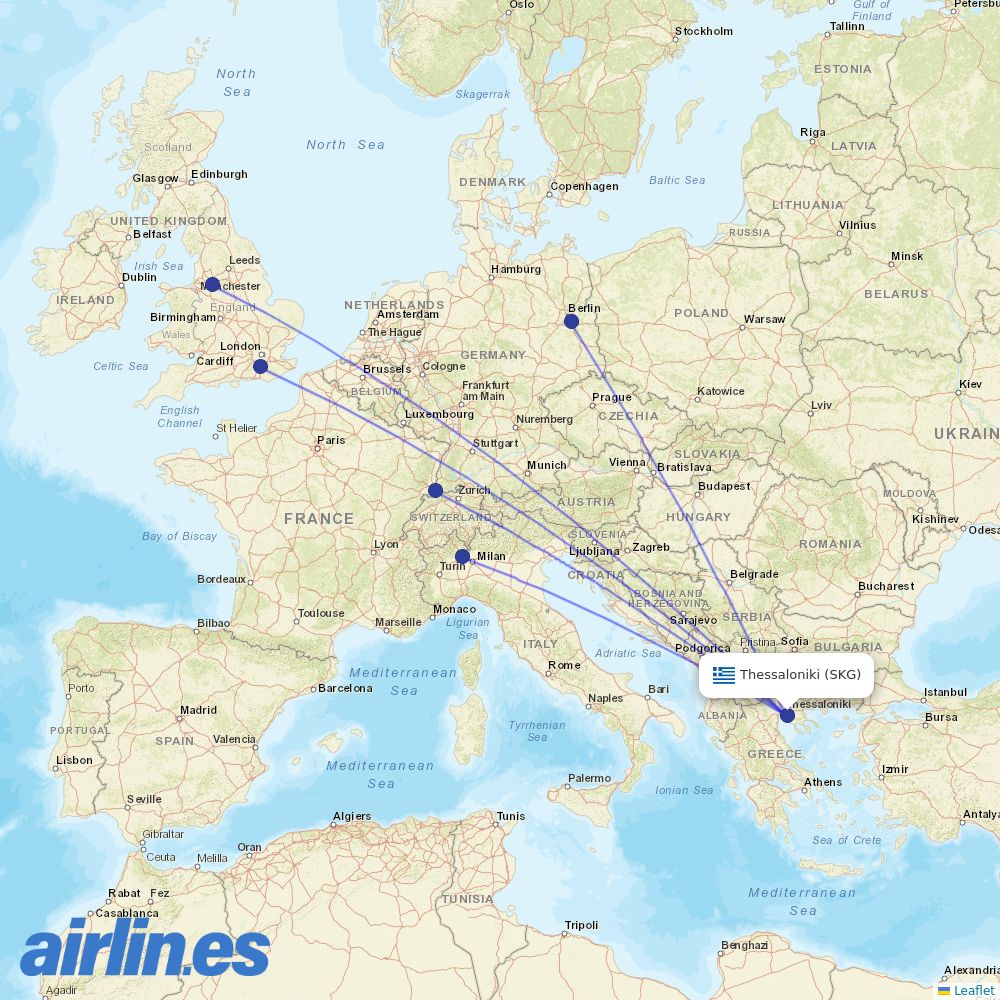 easyJet from Thessaloniki Airport destination map