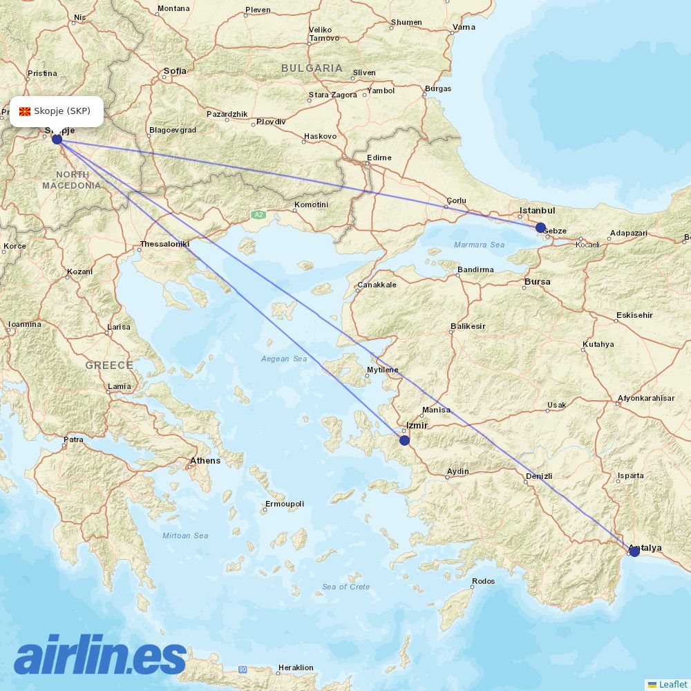 Pegasus from Skopje destination map