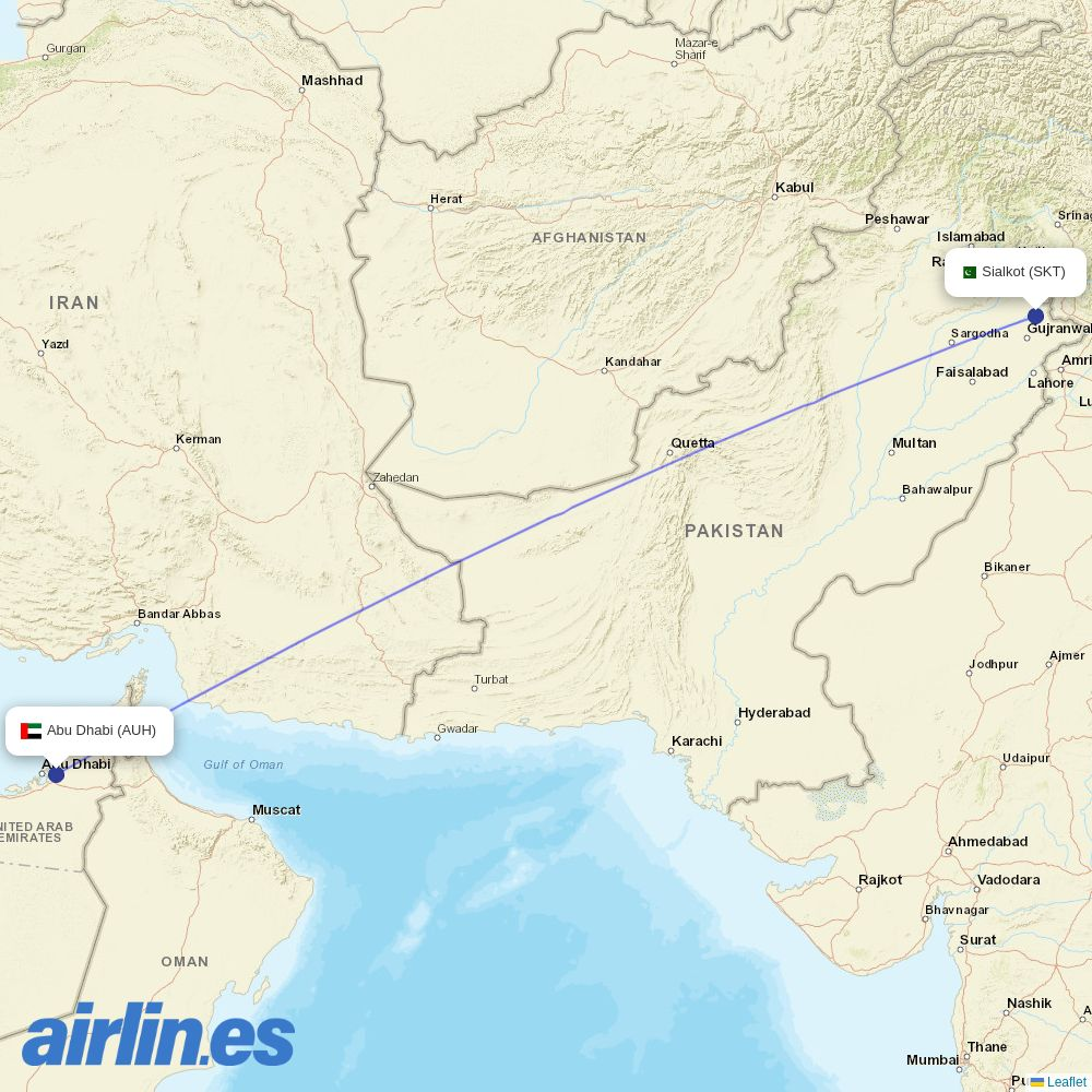 Air Arabia Abu Dhabi from Sialkot Airport destination map