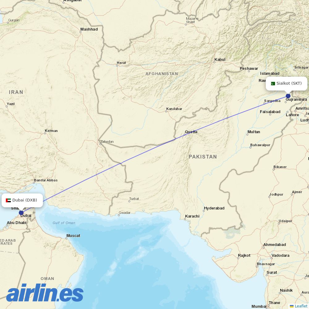 Emirates from Sialkot Airport destination map