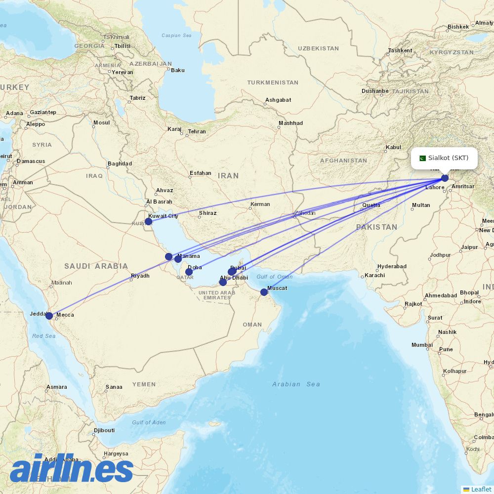 Pakistan International Airlines from Sialkot Airport destination map