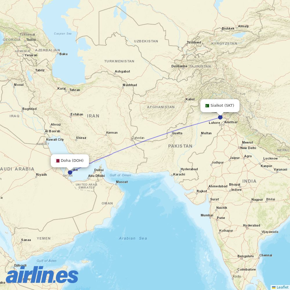 Qatar Airways from Sialkot Airport destination map
