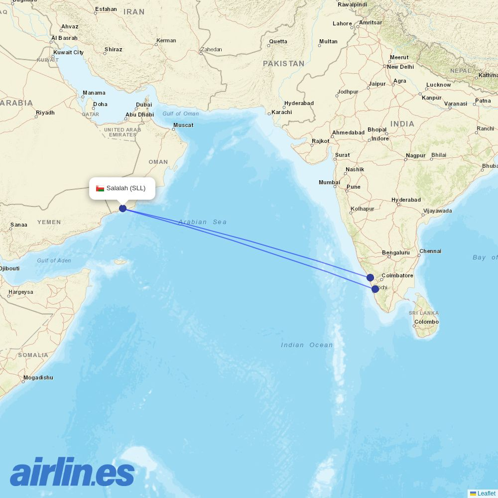 Air India Express from Salalah destination map