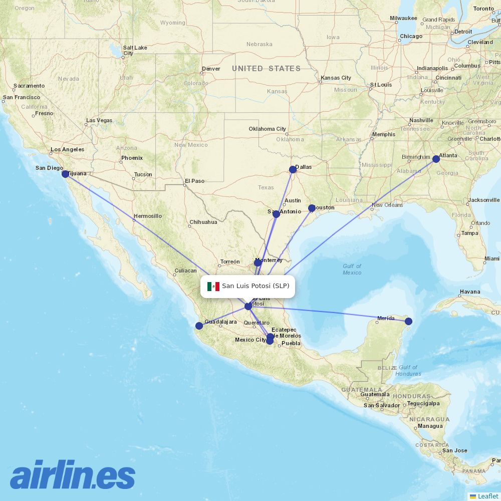 Volaris from Ponciano Arriaga International destination map