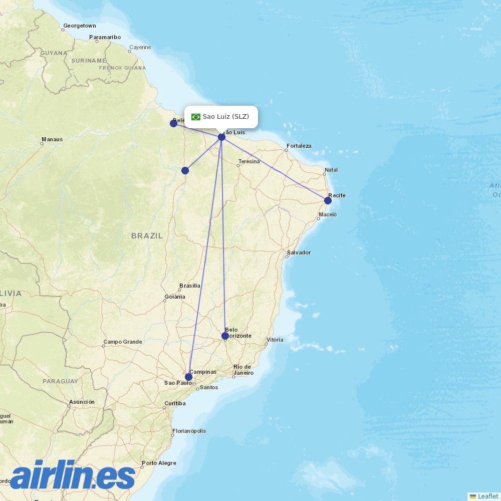 Azul from Marechal Cunha Machado destination map