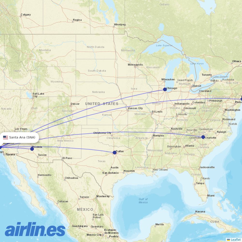 American Airlines from John Wayne Arpt Orange Co destination map