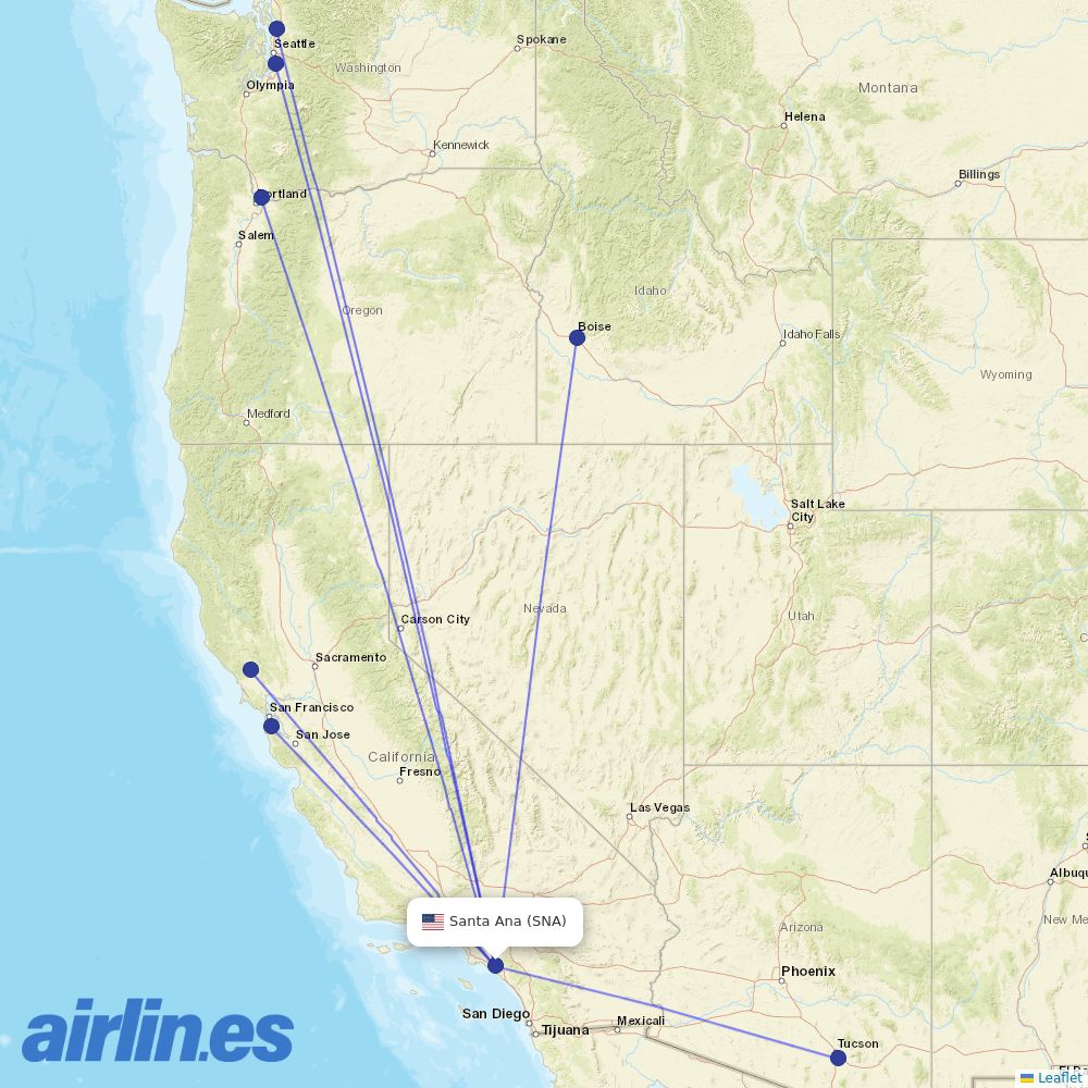Alaska Airlines from John Wayne Arpt Orange Co destination map