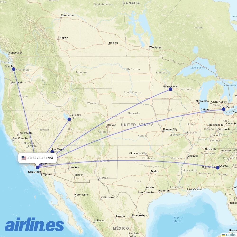 Delta Air Lines from John Wayne Arpt Orange Co destination map