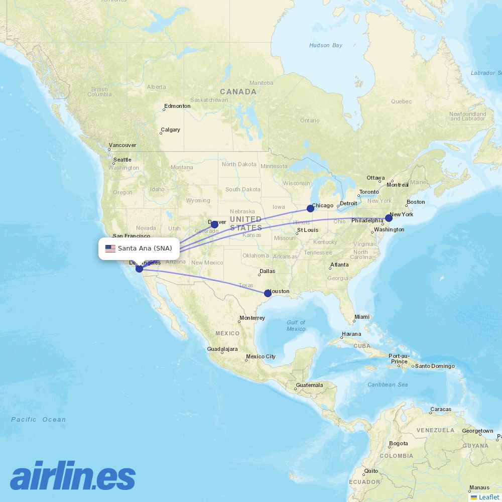 United Airlines from John Wayne Arpt Orange Co destination map