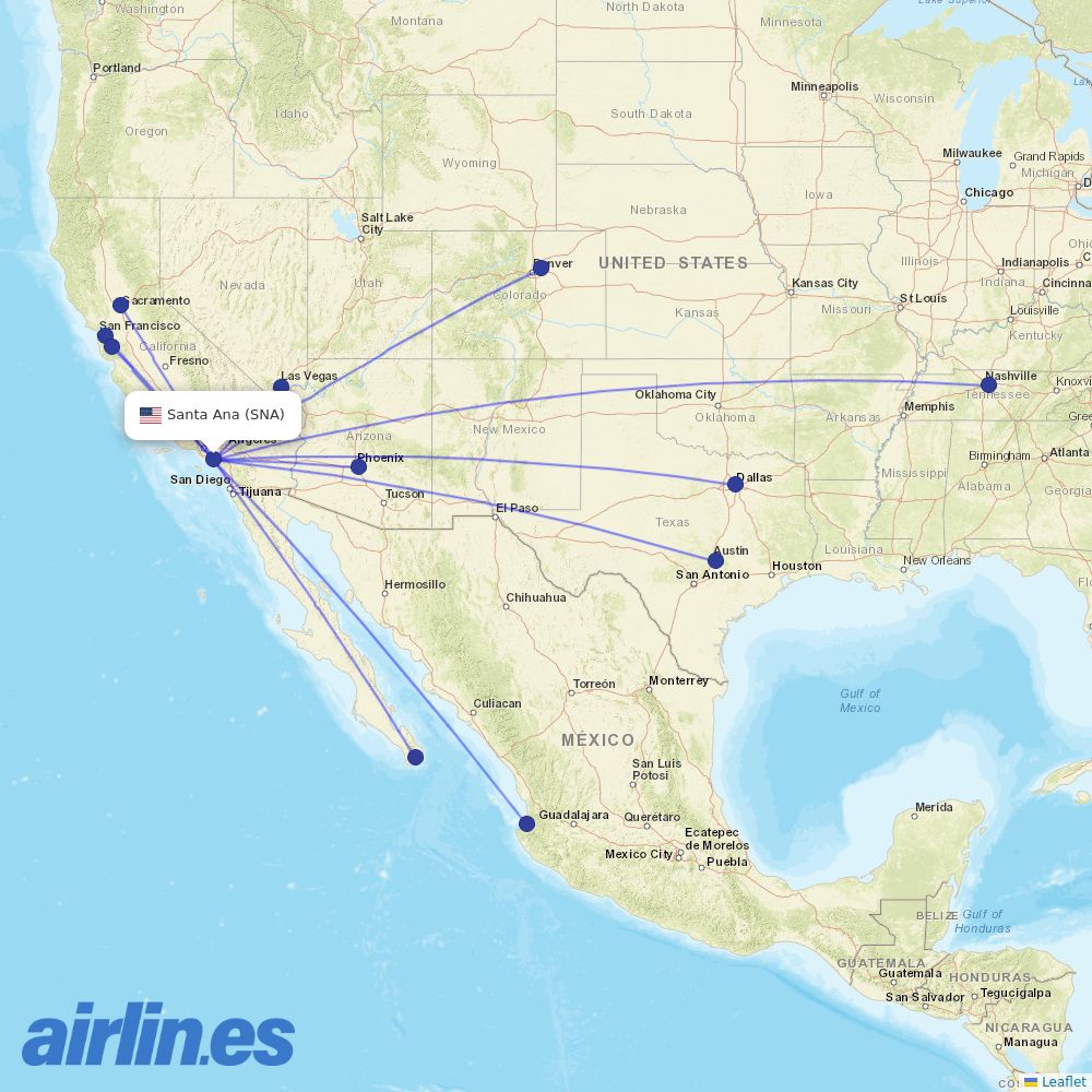 Southwest Airlines from John Wayne Arpt Orange Co destination map