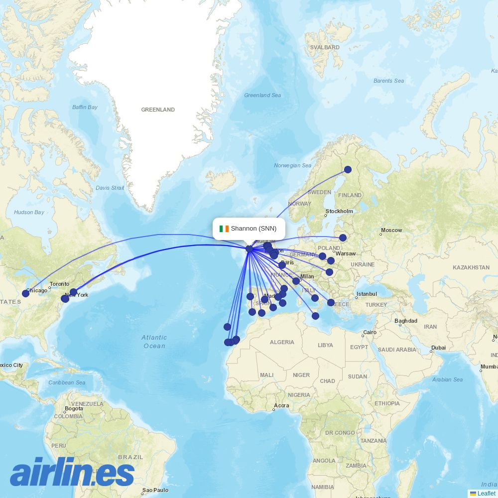 Discover Airlines from Shannon destination map