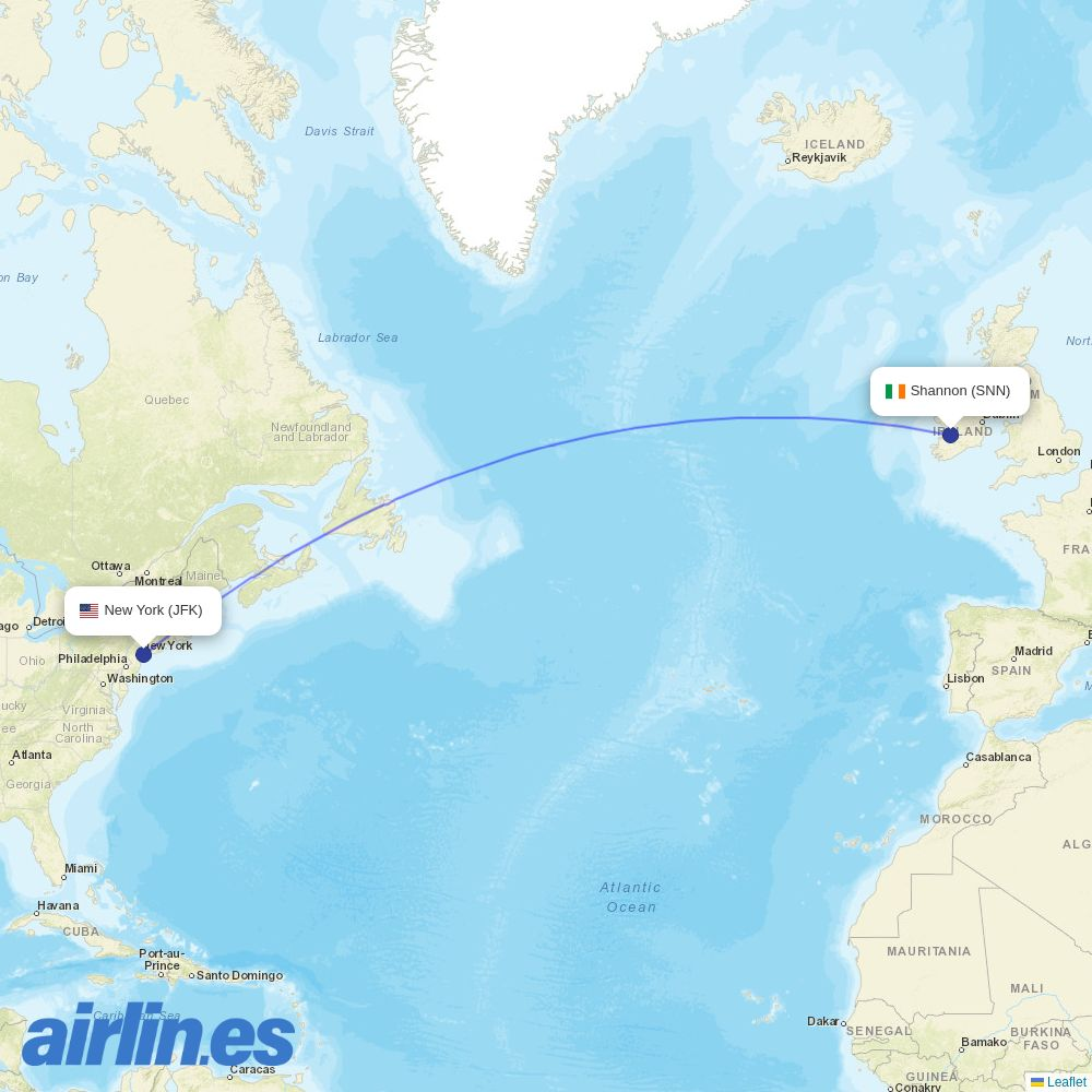 Delta Air Lines from Shannon destination map