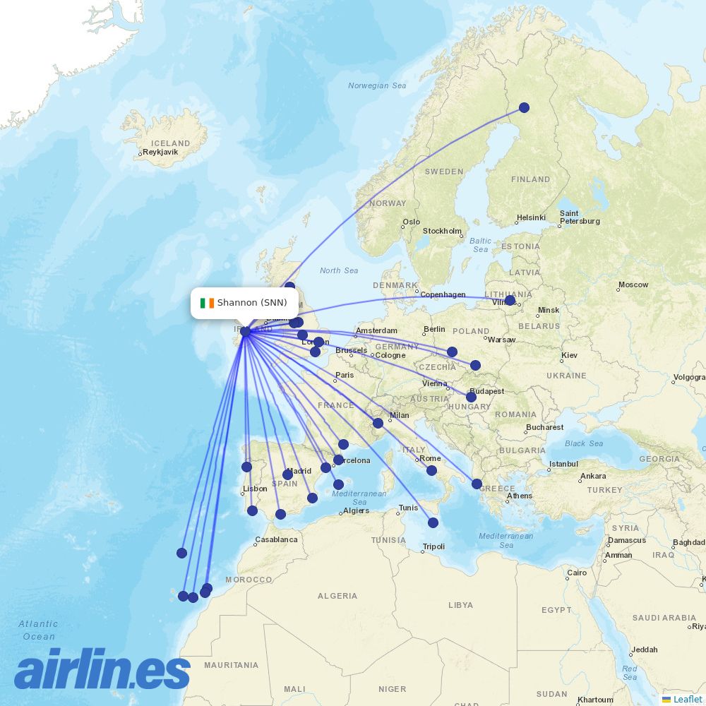 Ryanair from Shannon destination map