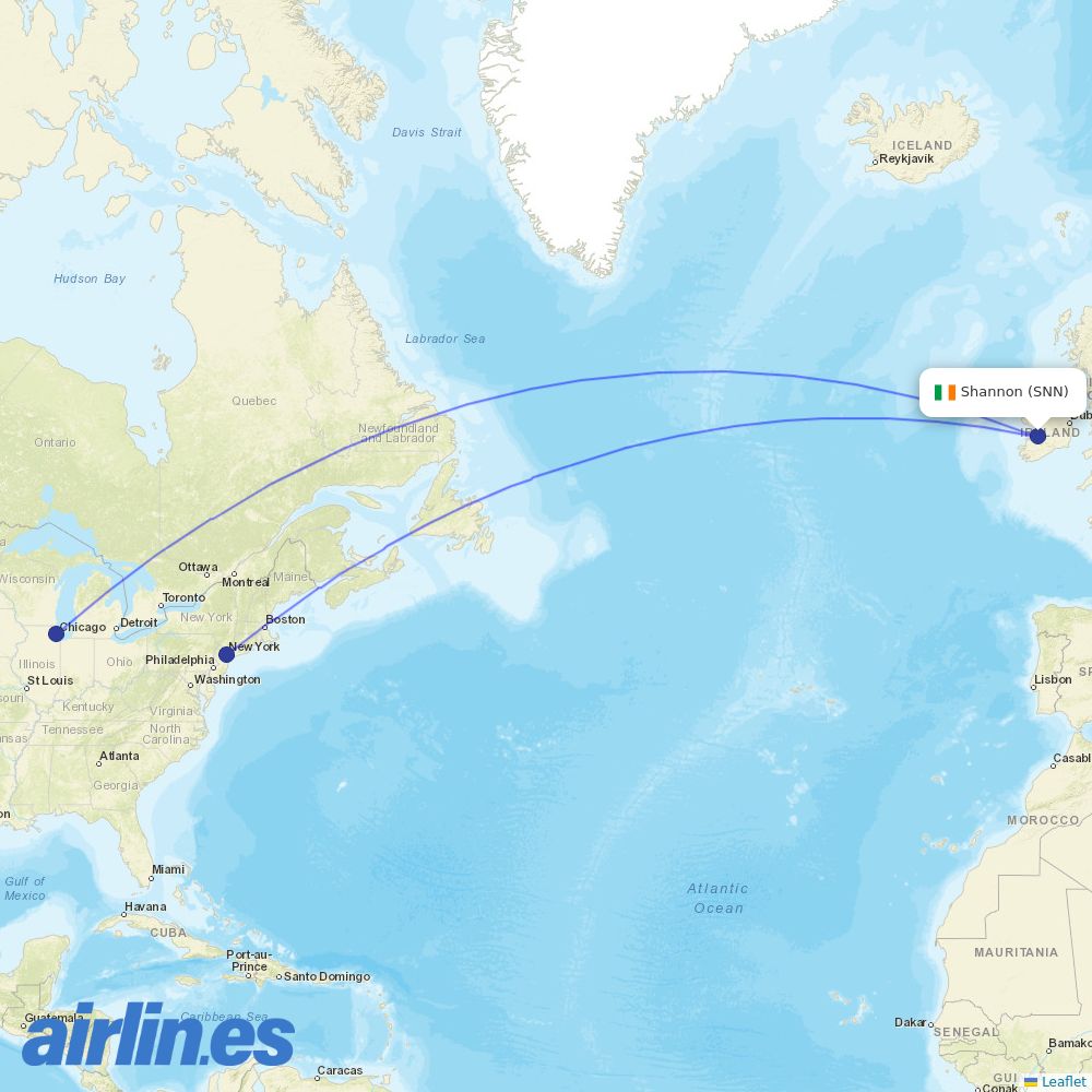 United Airlines from Shannon destination map