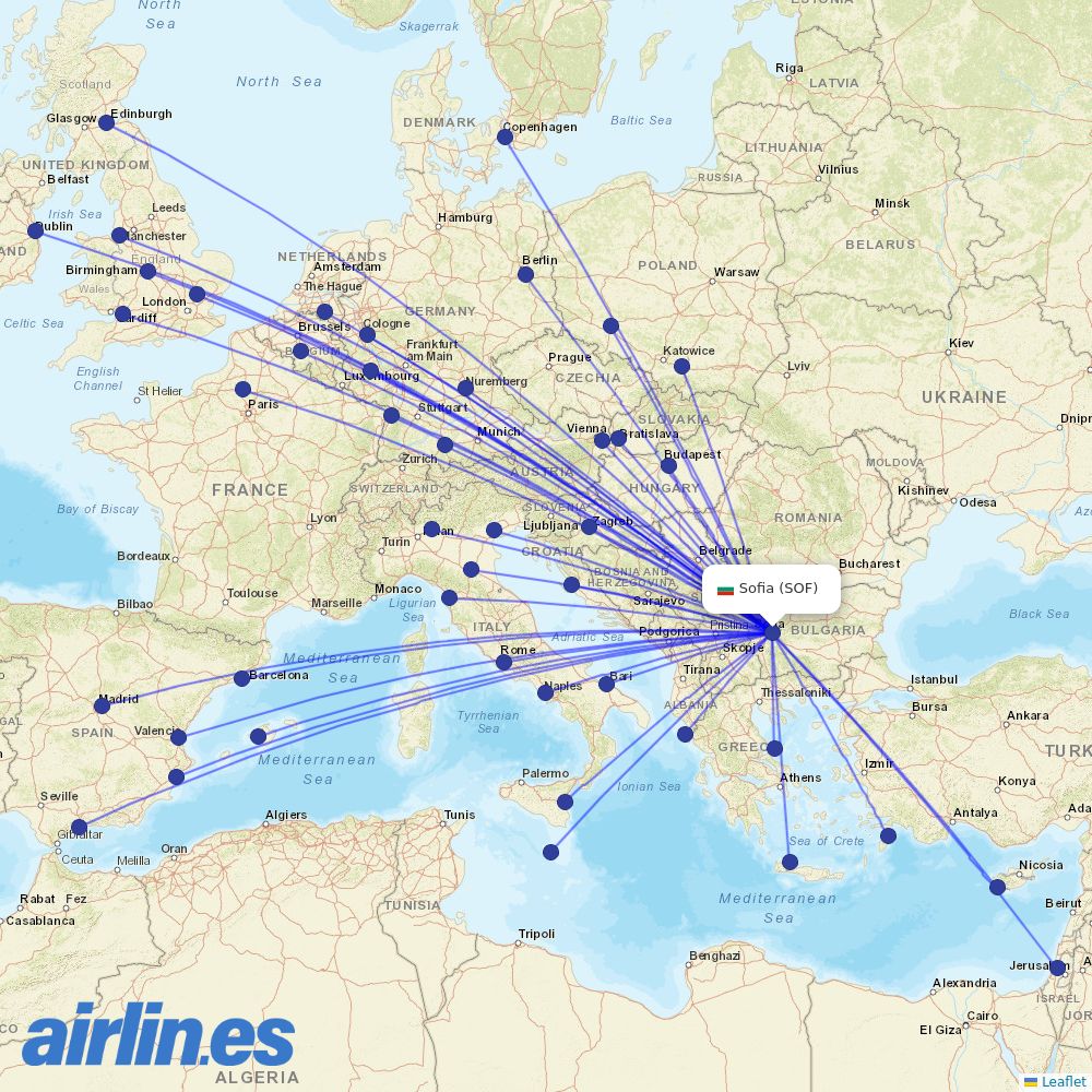 Ryanair from Sofia Airport destination map
