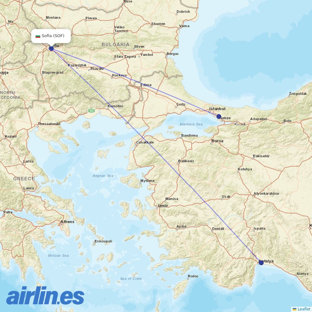 Pegasus from Sofia Airport destination map