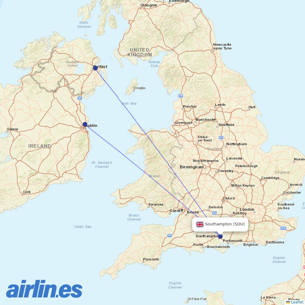 KLM from Southampton destination map