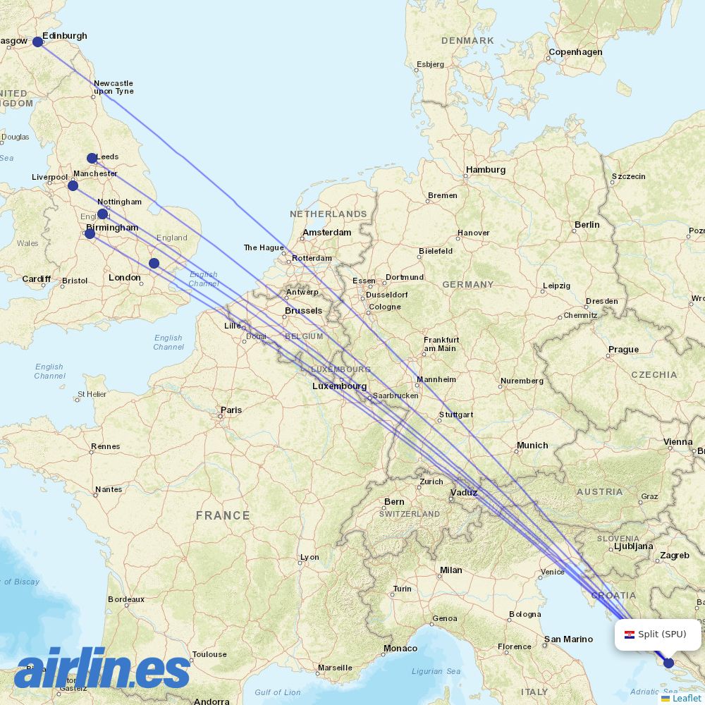 Jet2 from Split Airport destination map