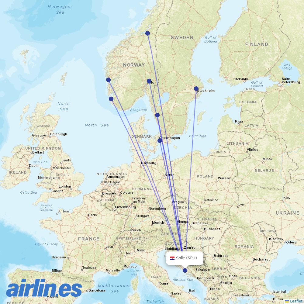 Scandinavian Airlines from Split Airport destination map