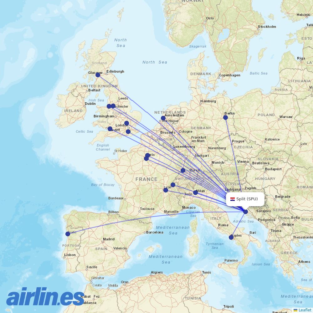 easyJet from Split Airport destination map