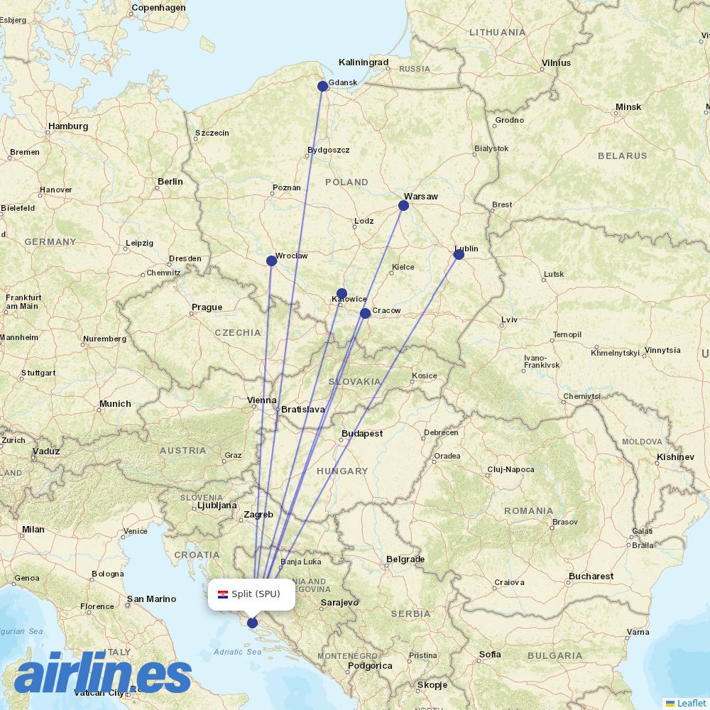 Wizz Air from Split Airport destination map