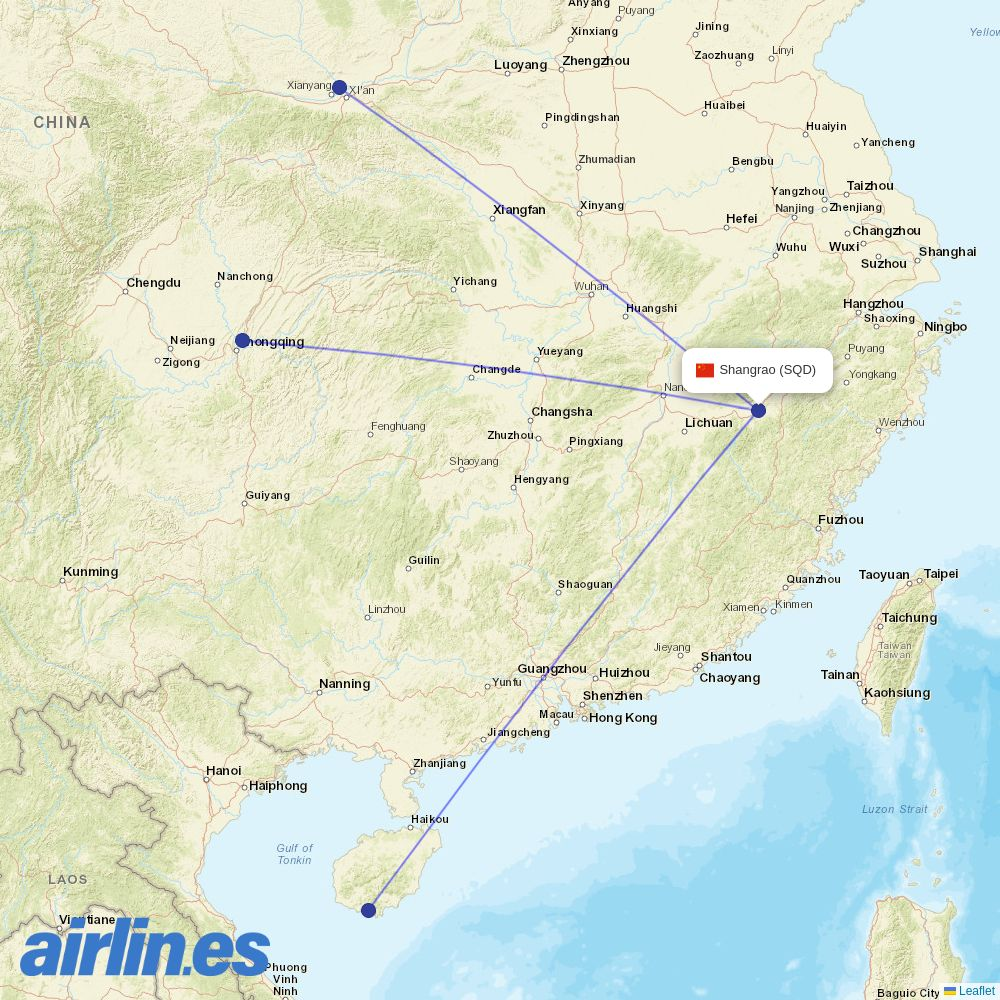Tianjin Airlines from Sanqingshan Airport destination map