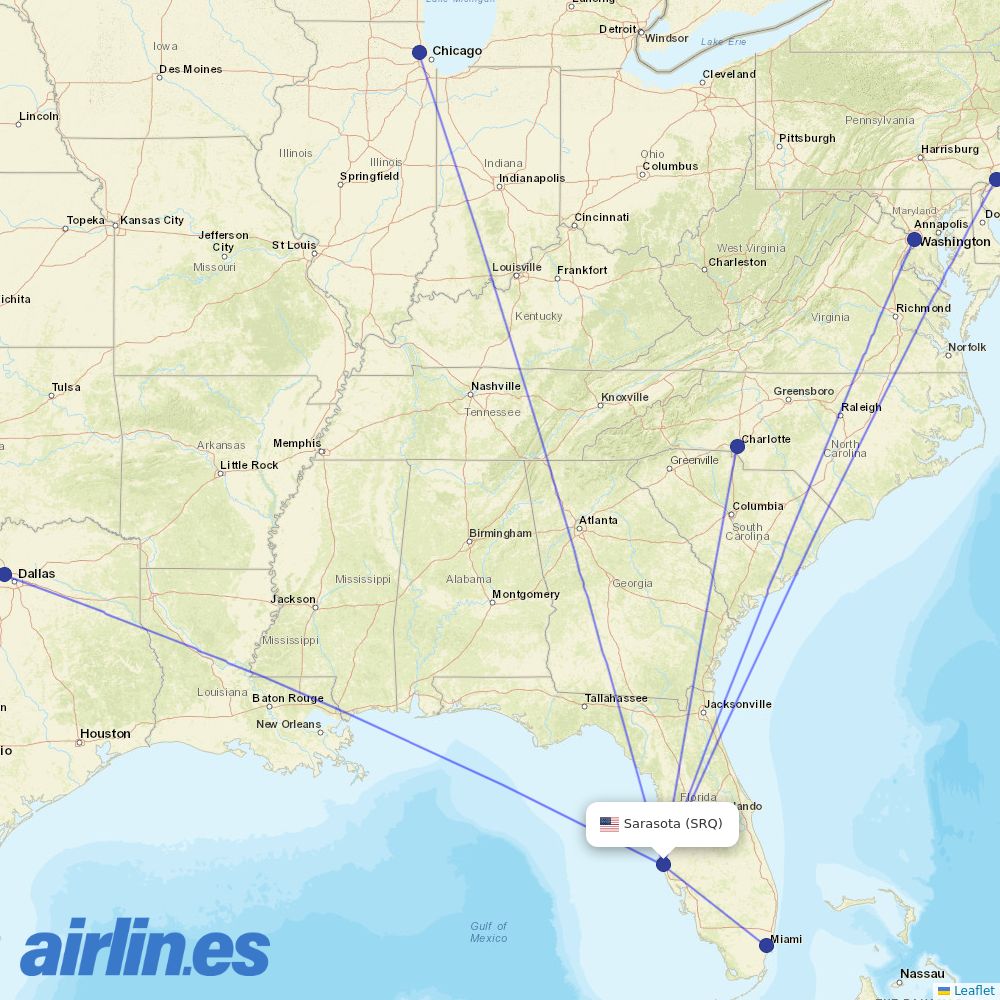 American Airlines from Sarasota Bradenton International Airport destination map